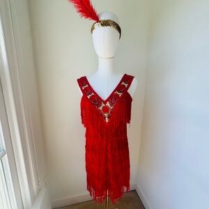 COSTUME | Women’s Red Fringe Flapper Costume Dress with Headband | Size Small